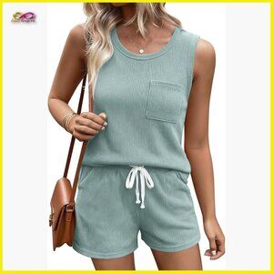Sleeveless Tank and Shorts Lounge Set Soft Ribbed Knit Loose Fit Pajama